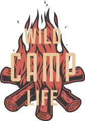 Burning bonfire with a large flame and sparks for explore and adventure in forest hiking. Camp campfire for camping.
