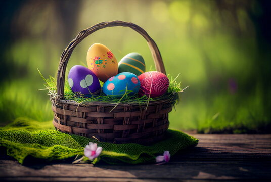 easter painted eggs in basket on rustic wooden table with bokeh green grass in background