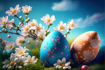 Obraz na płótnie Canvas Highly detailed decorated easter eggs. eggs with painted flowers and leaves on background of abstract florals on blue cloud summer sunny sky. Digital art illustration