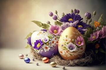 Highly detailed decorated easter eggs in birds nest. Chicken eggs with painted flowers and leaves on background of abstract florals. Digital art illustration