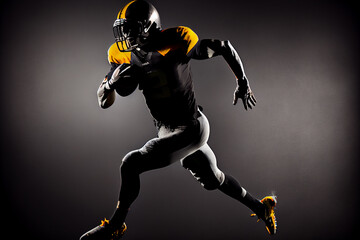 Amerikanischer Football Spieler mit helm und ball auf schwarzen Hintergrund - Generative Ai