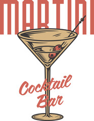 Martini vector cocktail with olives for alcohol bar. Monochrome design with glass of martini for drink party