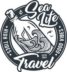 Nautical sea adventure print, marine travel, bottle on waves print