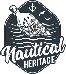 Marine boat inside the bottle on the ocean waves. Nautical wanderlust travel adventure print illustration