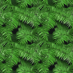  Realistic palm leaves and branches of palm trees. Tropical leaf seamless background. Green foliage, tropic leaves tile pattern, created with Generative AI technology
