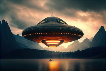 UFO space ship outdoors in the sky at sunset. 
Digitally generated AI image