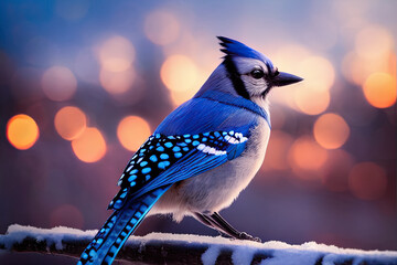 Realistic Blue Jay in Winter. Generative AI. - obrazy, fototapety, plakaty