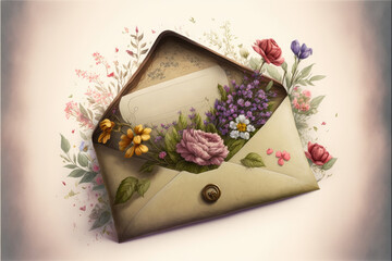 Gift envelope with spring flowers inside. Congratulations on Women's Day. Generative AI