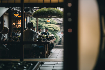 Naklejka premium restaurant's terrace in Japan, bar table, and chairs outdoor, generative ai