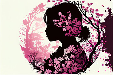 Silhouette of a young girl in a circle of spring blooming flowers. Black and pink. Generative AI