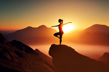 Silhouette einer Frau, die Yoga auf einem Berg, im Sonnenuntergang ausübt - Generative Ai 