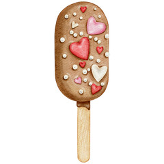 Watercolor Valentine's popsicle ice cream with pink and red hearts. Hand-drawn Valentine's sweets with transparent background PNG