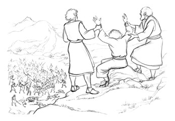 Fototapeta na wymiar Pencil drawing. Hor and Aaron hold the hands of Moses