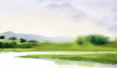 Obraz na płótnie Canvas Watercolor painting. Landscape with a river