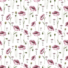 Seamless pattern with pink wild flowers poppies, watercolor illustration.	
