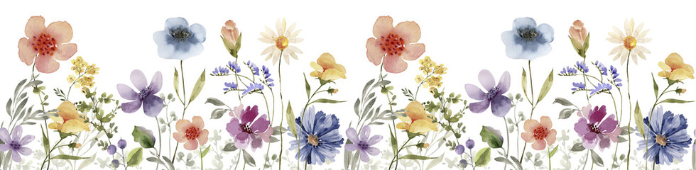 Seamless border with delicate multicolored meadow flowers, watercolor illustration. - 564397488