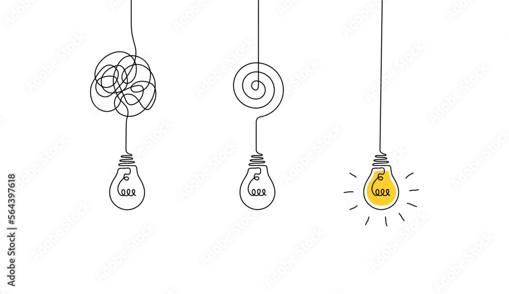 Poster one continuous line drawing of tangled and scribble wires with light bulbs. concept of complex probl