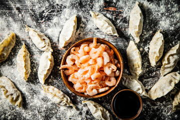 Raw dumplings gyoza with fresh shrimp. 