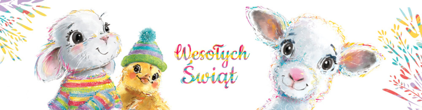Banner świąteczny, kartka wielkanocna z uroczą kolorową owieczką, kr&oacute;liczkiem i kurczaczkiem z napisem w języku polskim. Grafika wielkanocna.	