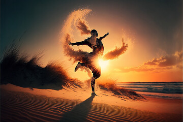 silhouette of a person jumping on the beach at sunset