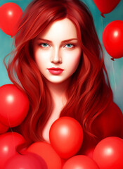 Pretty girl with red hair surrounded by red balloons. studio photo. taking photos on valentine's day