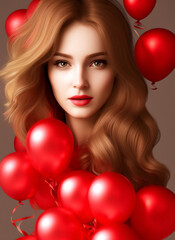 Pretty girl surrounded by red balloons. studio photo. taking photos on valentine's day