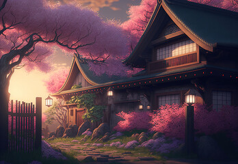 Traditional Japanese Landscape painting of Cherry Blossoms, Bamboo, and Pagodas illustration