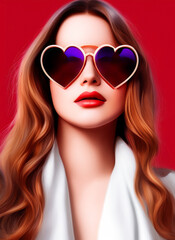 Pretty girl with heart shaped sunglasses with red balloons. studio photo. taking photos on valentine's day
