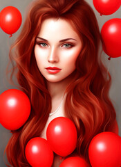 Pretty girl with red hair surrounded by red balloons. studio photo. taking photos on valentine's day