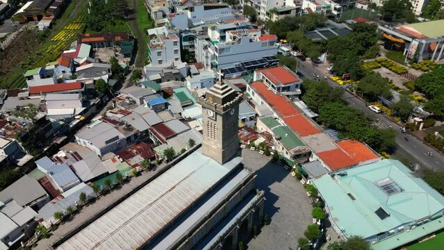 Beautiful 4K panoramic aerial video from flying drone to Nha Trang, Vietnam, the main church for the Church of Catholic Diocese of Nha Trang. 4K Nha Trang, Vietnam.