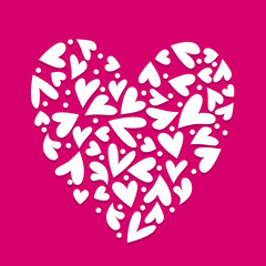 White heart shape assembled of different heart shapes. Magenta background. Clip art.