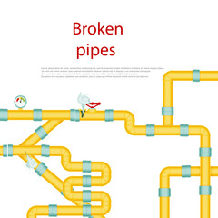 Broken pipes with a leak of steam or lead gas, rupture of the pipeline. Dripping faucet, problems with water supply, broken pipes. Wind illustration isolated on white background.