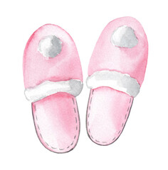 Cute indoor pink slippers with pom-poms. Watercolor hand drawn illustration isolated on white background