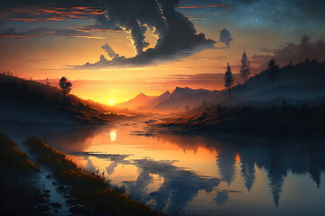 Fototapeta na wymiar sunset over lake. Generatiev AI