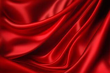 Plakat Red flowing silk satin fabric background, romantic silky cloth curtain texture for valentine