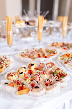 Close up of various canapes in plate.