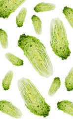 Sliced fresh Chinese cabbages falling on white background