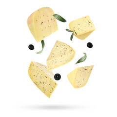 Pieces of delicious cheese, olives and leaves falling on white background