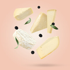 Pieces of different delicious cheese, olives and leaves falling on light coral background