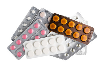 Various pills and tablets in a blister packs isolated on transparent background, top view, healthcare and medicine concept