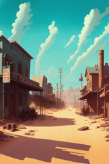 Western town, western street, an old wild west town with wooden buildings and sand road. Artificial intelligence and photoshop. 