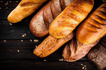 Different types of fresh crispy bread. 