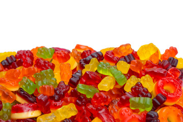 Assorted colorful gummy candies. Jelly donuts. Jelly bears.