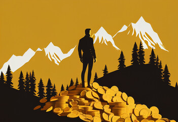 Golden mountains and silhouette of man, owner of great wealth. Mountains of gold coins....
