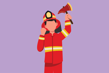 Cartoon flat style drawing male firefighters in complete uniform holding glass breaking axe with celebrate gesture prepare to put out fire that burned the building. Graphic design vector illustration