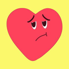 Sad emotional face image. Red heart on a yellow background. Cartoon vector illustration