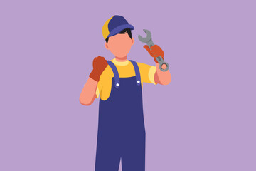 Character flat drawing mechanic holding wrench with celebrate gesture and ready to perform maintenance on vehicle engine or transportation. Success garage business. Cartoon design vector illustration