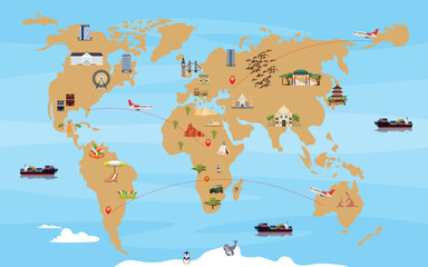 Vector illustration of an interesting playing world map. Cartoon map with sights and animals of different countries, flights of planes and ships.