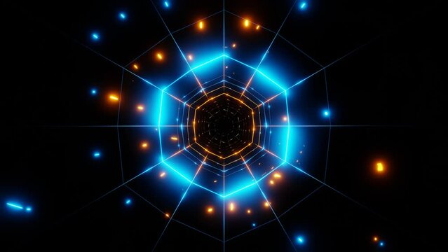 cosmic fractal tunnel with glowing orange blue lights vj loop abstract background. 4k footage
