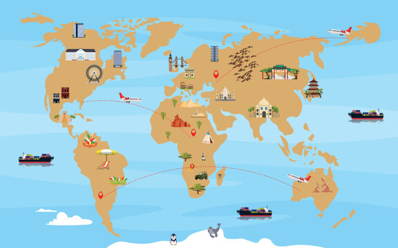 Vector Illustration Of An Interesting Playing World Map. Cartoon Map With Sights And Animals Of Different Countries, Flights Of Planes And Ships.